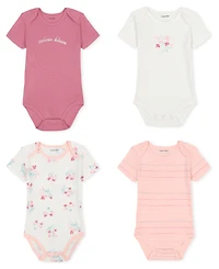 Calvin Klein Baby Girls 4-Pack Short Sleeve Ribbed Trim Floral Logo Bodysuit Set