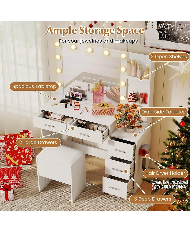 Makeup Table and Stool Set with Hair Dryer Stand