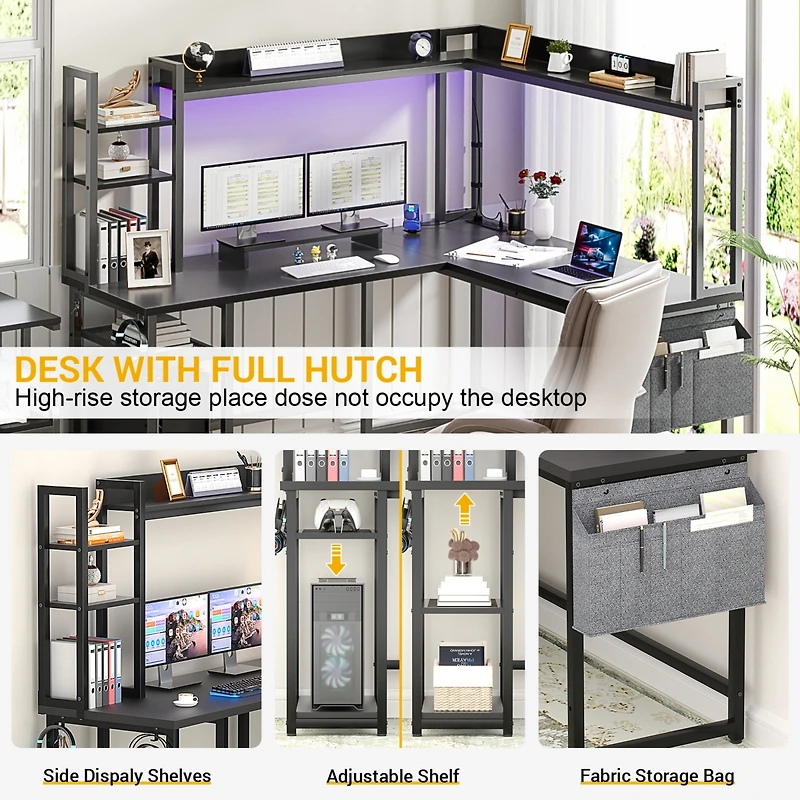 Aheaplus L-Shaped Desk with Hutch & Power Outlet, Corner Computer Led Lights