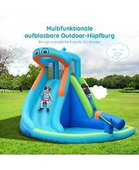 Inflatable Hippo Water Slide with Climbing Wall and Splash Pool for Kids