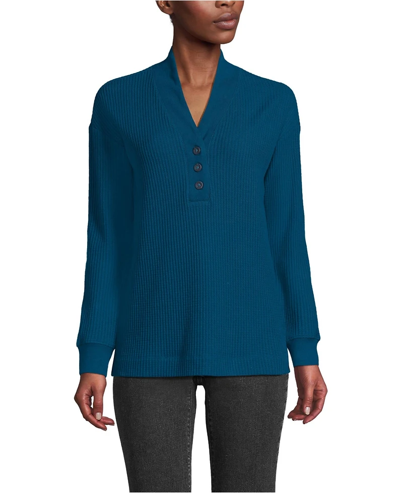 Lands' End Women's Long Sleeve Waffle Shawl Collar Henley