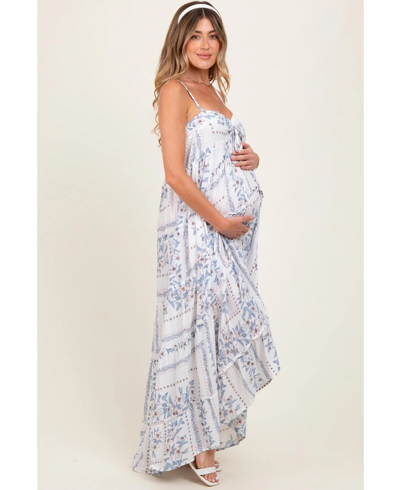 Pinkblush Light Blue Hi-Lo Spaghetti Strap Patchwork Ruffle Maternity Maxi Dress