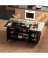 Kitchen island with 8 doors, island storage table with dining table, coffee station and microwave rack for home, dining room