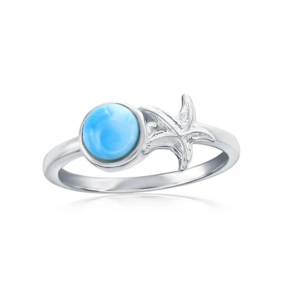 Caribbean Treasures Sterling Silver, Round Larimar & Starfish Ring