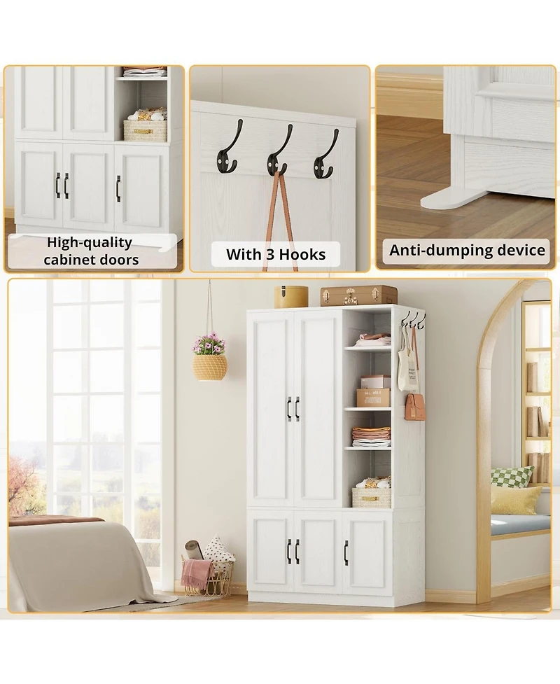 Wooden Wardrobe with 4 Storage Shelves and Hanging Rod, White