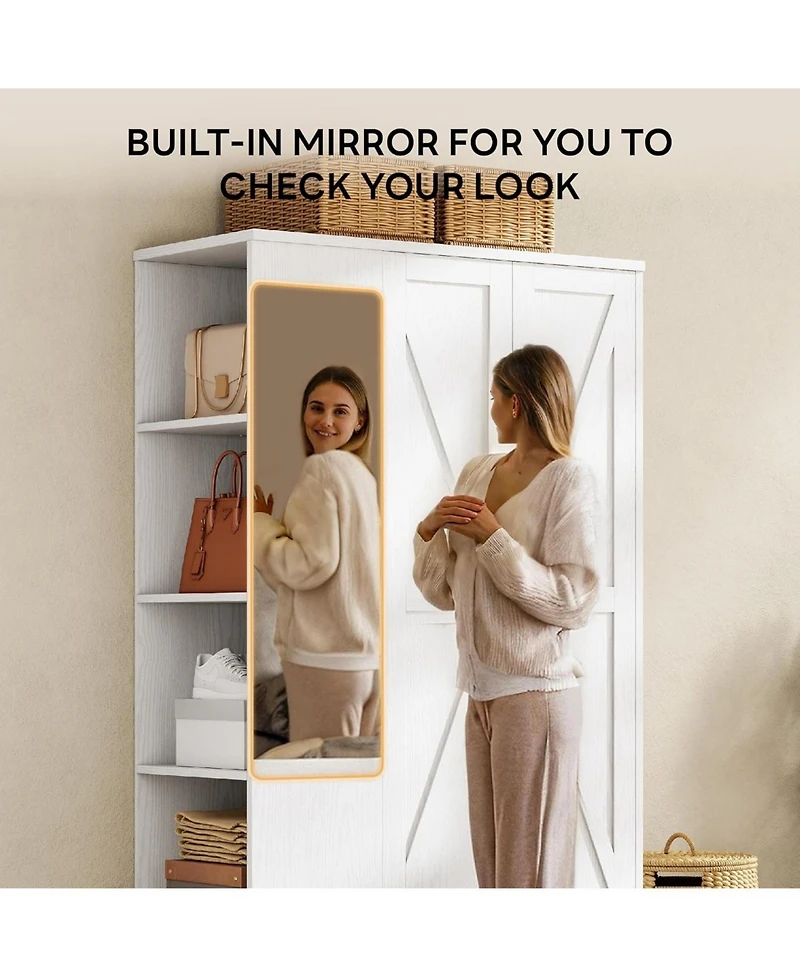 Likimio Wooden Wardrobe with Mirror, 2 Doors, Drawer, and Shelves, White