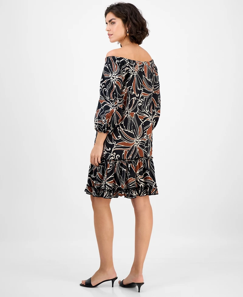 Robbie Bee Women's Square-Neck Ruffle-Trim 3/4-Sleeve Dress
