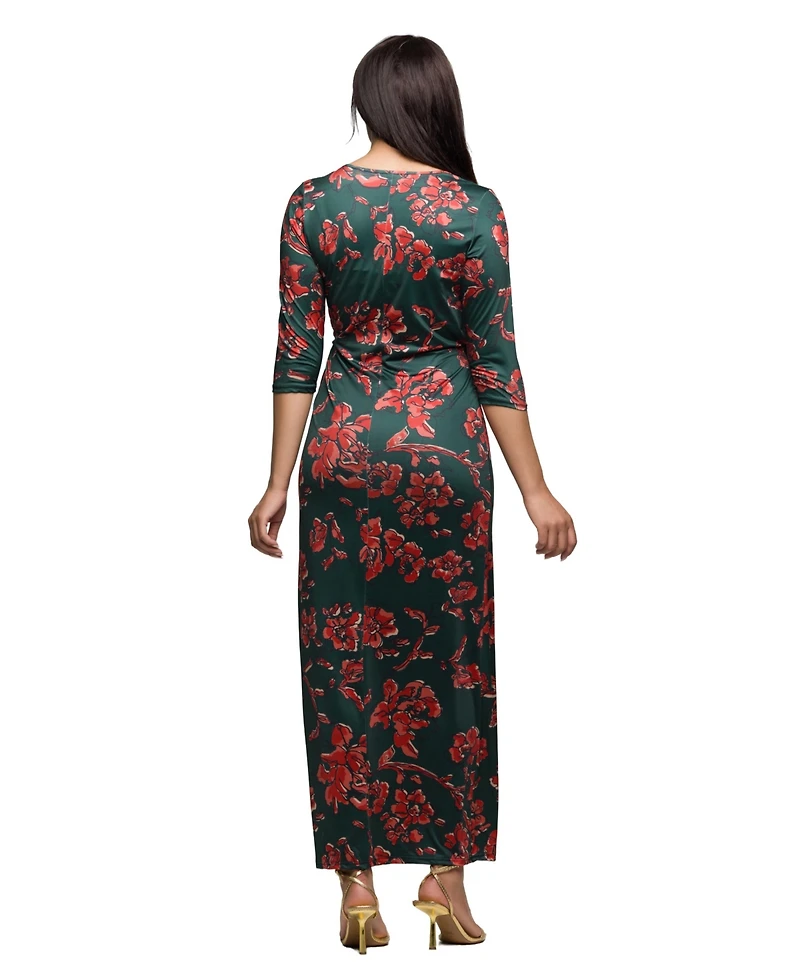 24seven Comfort Apparel Women's Green Floral Print Three Quarter Sleeve Dress