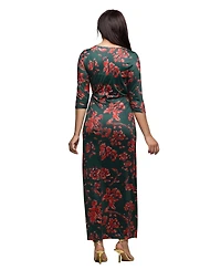 24seven Comfort Apparel Women's Green Floral Print Three Quarter Sleeve Dress