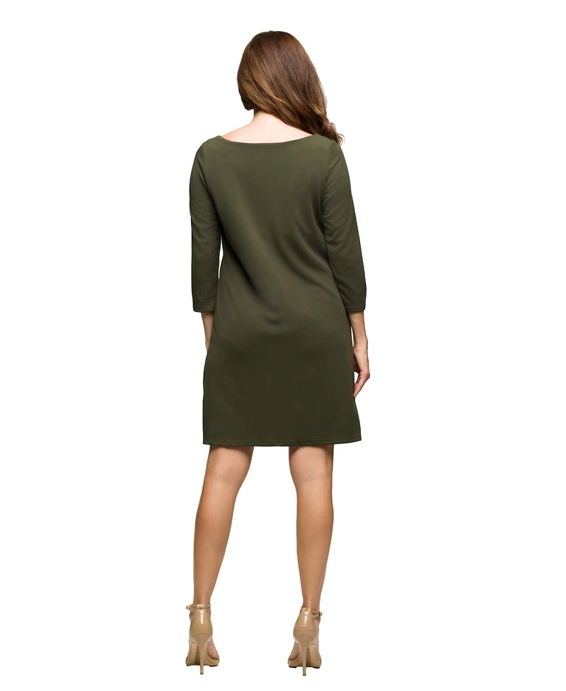 24seven Comfort Apparel Women's Three Quarter Sleeve A Line Knee Length Dress