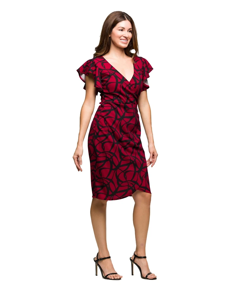 24seven Comfort Apparel Women's Burgundy Print Flutter Sleeve Faux Wrap Dress