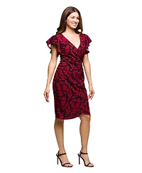 24seven Comfort Apparel Women's Burgundy Print Flutter Sleeve Faux Wrap Dress