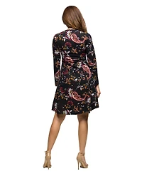 24seven Comfort Apparel Women's Black Paisley Print Long Sleeve Fit and Flare Dress