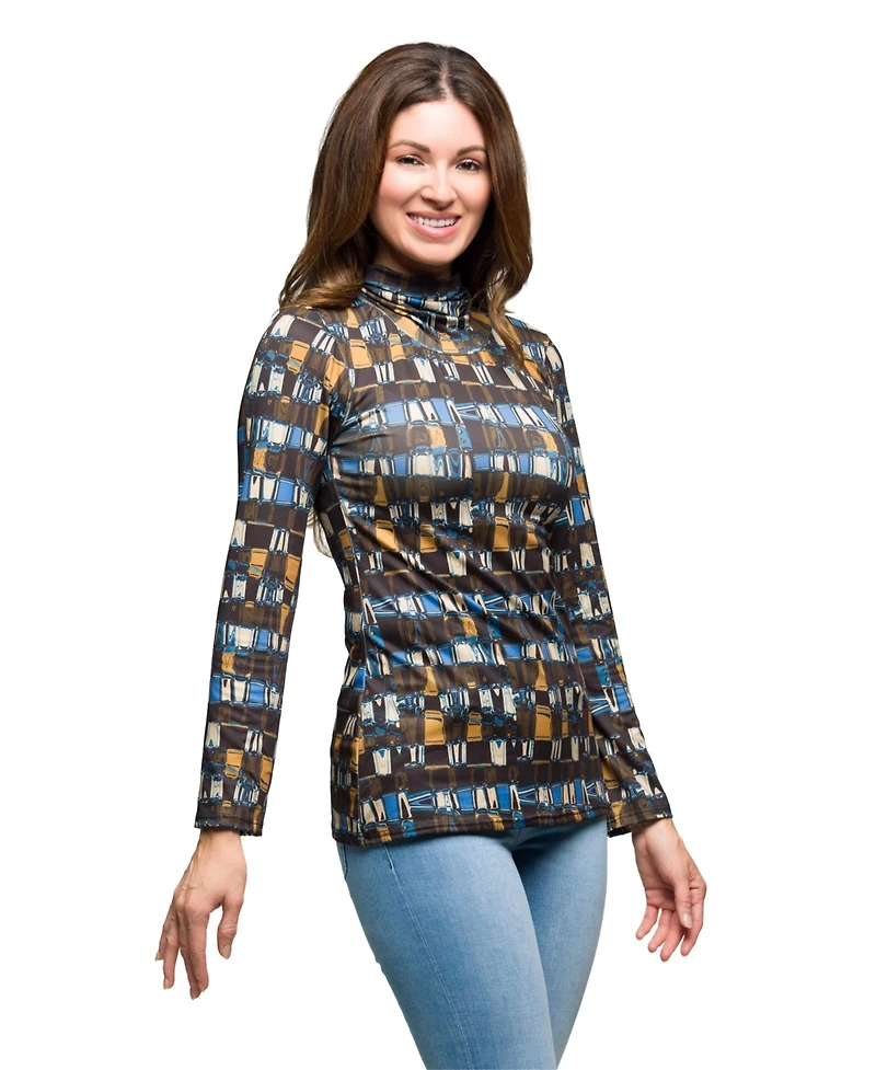 24seven Comfort Apparel Women's Mock Neck Long Sleeve Printed Top