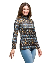 24seven Comfort Apparel Women's Mock Neck Long Sleeve Printed Top
