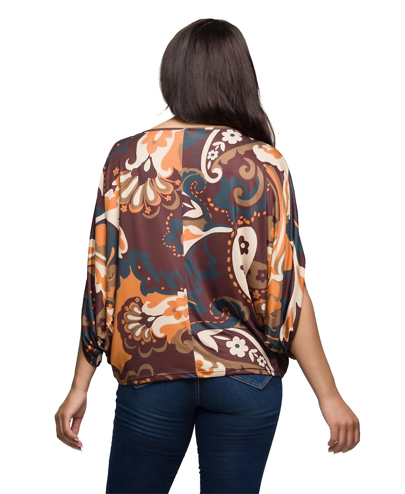 24seven Comfort Apparel Women's Brown Paisley Print Dolman Sleeve Top