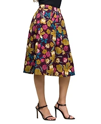 24seven Comfort Apparel Women's Purple Floral Elastic Waist Pocket Midi Skirt