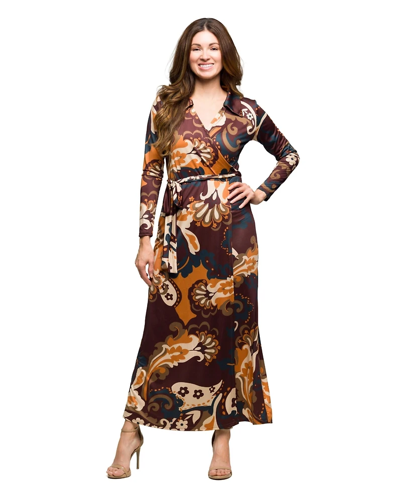 24seven Comfort Apparel Women's Brown Paisley Belt Waist Maxi Dress