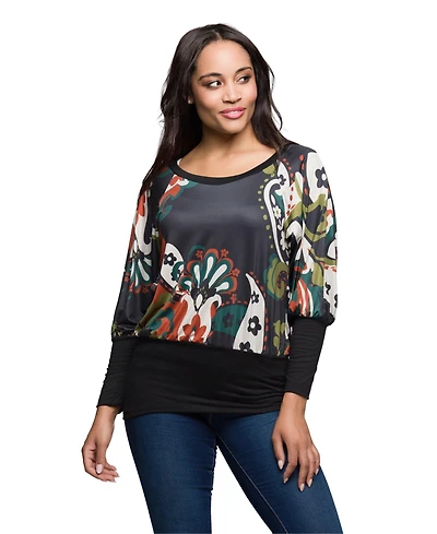 24seven Comfort Apparel Women's Paisley Multicolor Print Dolman Sleeve Banded Top