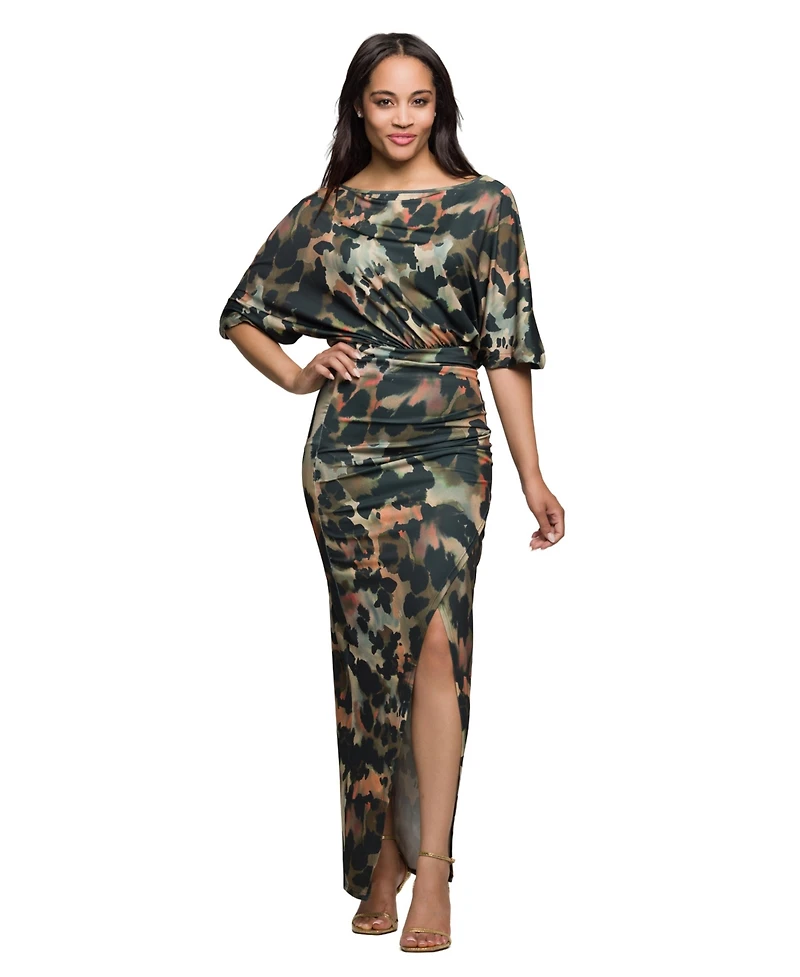 24seven Comfort Apparel Women's Green Abstract Print Batwing Sleeve Maxi Dress