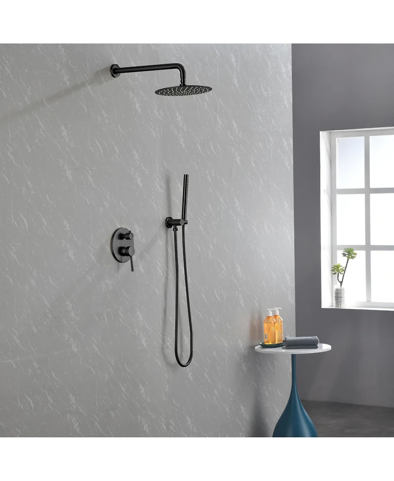 Rainsken Wall Mounted Shower Faucet Set with High Pressure 10" Stainless Steel Rain Shower 2 Way Pressure Balance Shower Valve Kit, Black