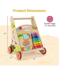 Gymax Wooden Baby Walker Baby Push Walker w/ Handle Storage & Wheels Walker Toy