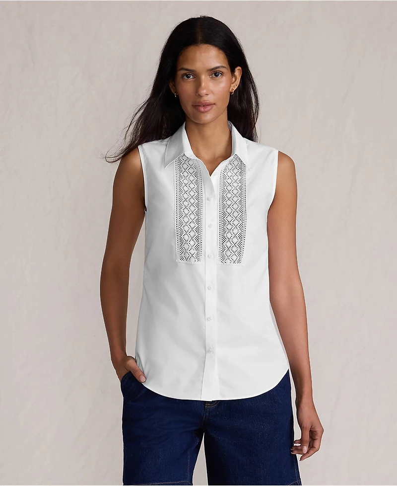 Lands' End Women's Sleeveless No Iron Shirt with Lace Inset