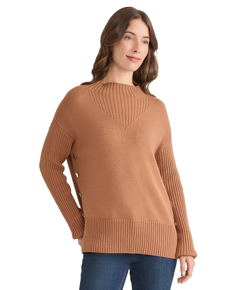 Jones New York Women's Side Seam Button Mock Neck Sweater