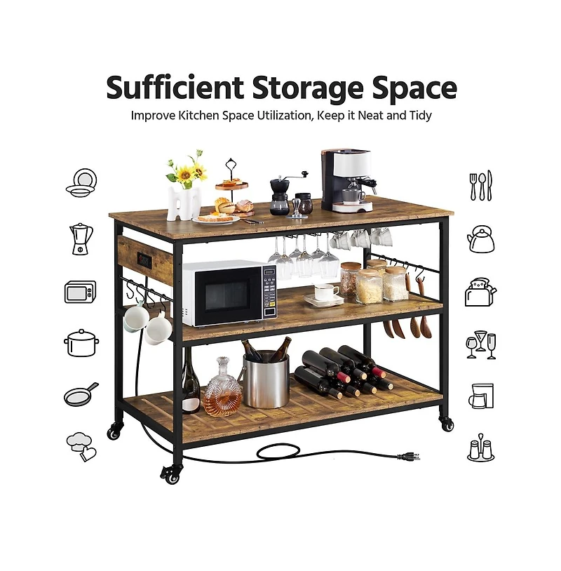 Yaheetech 36” H Rolling Kitchen Island Cart with Charge Station Rustic Brown