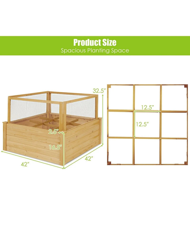 Gymax Raised Garden Bed Guard Fence Wooden Garden Box with 9 Grids & Critter