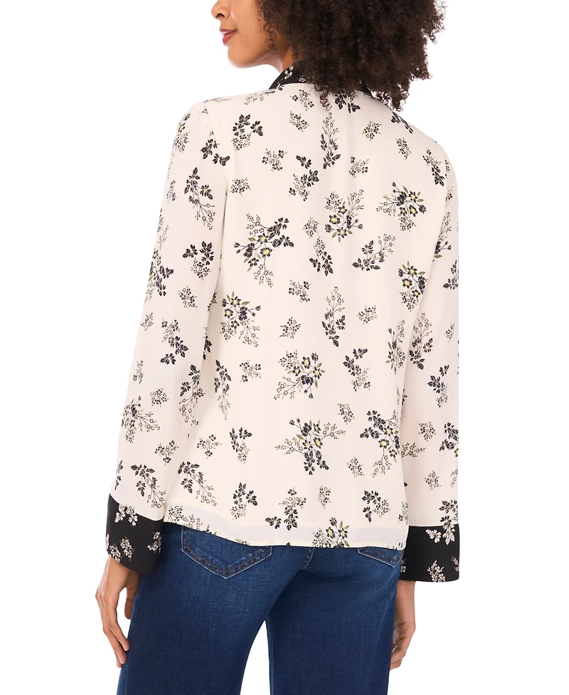 CeCe Women's Floral Bow-Tie V-Neck Button-Up Long Cuff-Sleeve Blouse