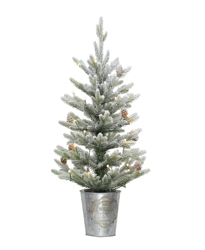 Puleo Pre-Lit Flocked Table Top Artificial Christmas Tree with 35 Lights in Metal Pot, 2'
