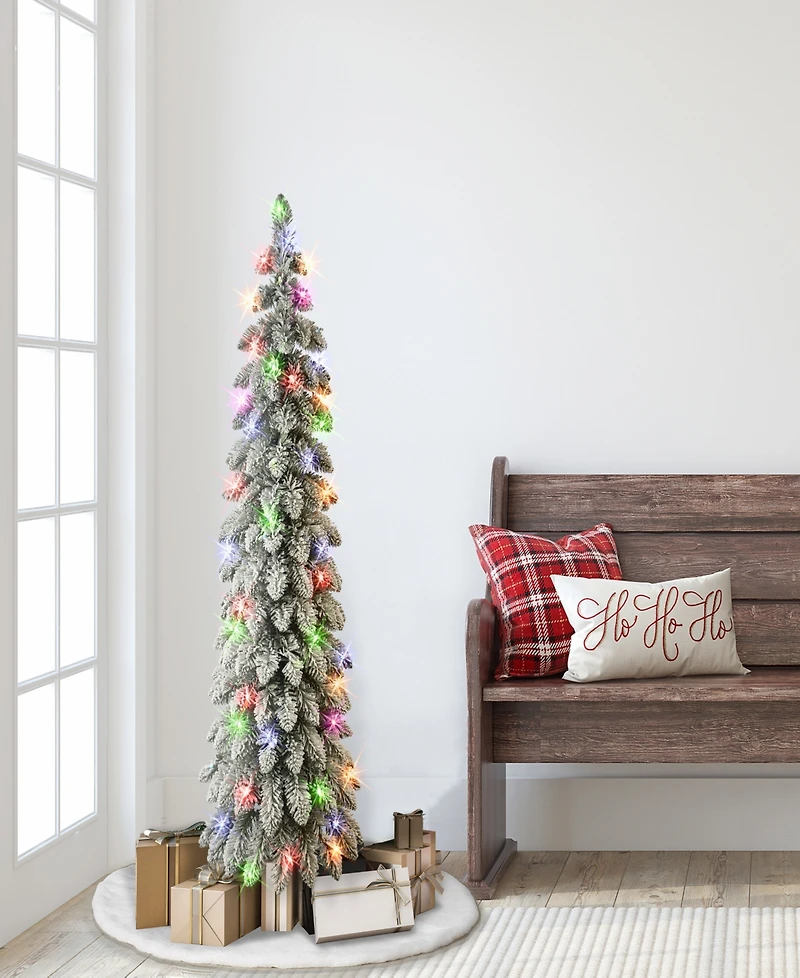 4' Pre-Lit Flocked Alpine Pencil Tree with Multi-Color Incandescent Lights