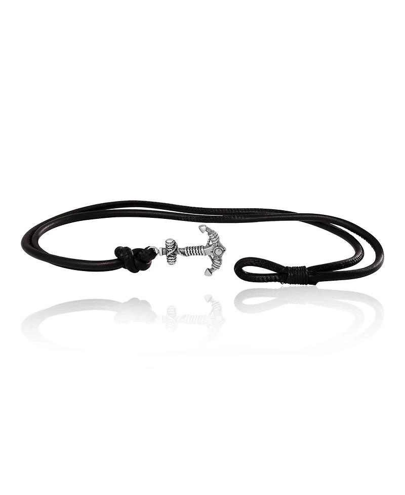 Lucky Brand Mens Black Leather Anchor Wrap Bracelet with Adjustable Fit
