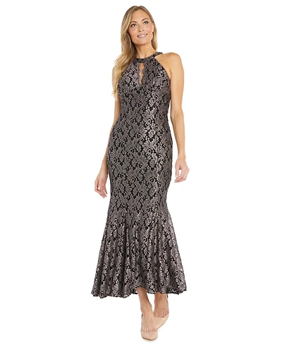 R & M Richards Petite Long Glitter Sleeveless Lace Dress