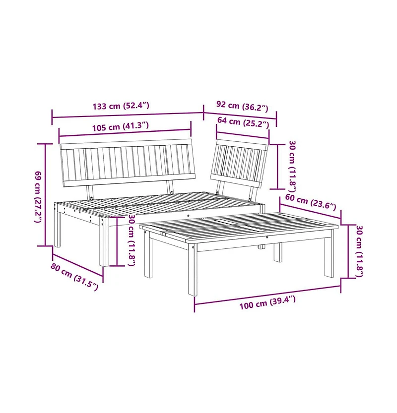 Pallet Sofa Set Natural Wood Solid Acacia Wood 52.4x36.2x27.2 in