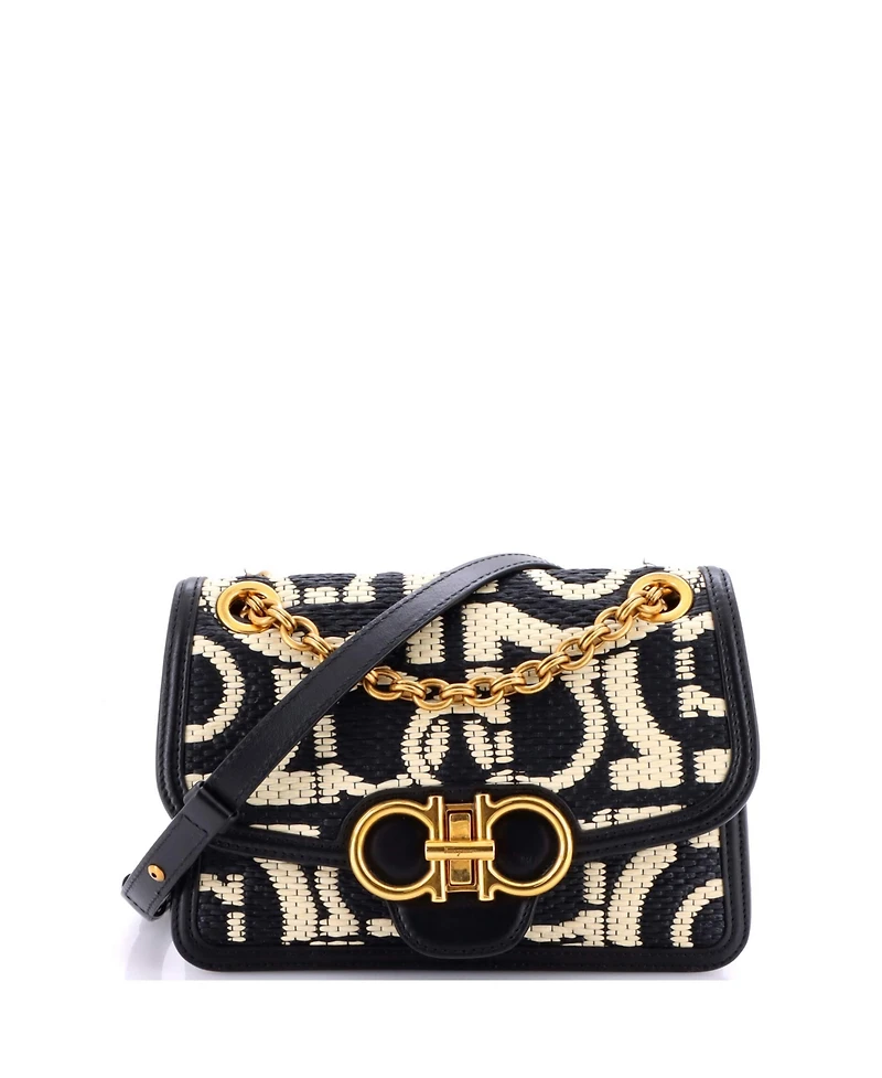Pre-Owned Salvatore Ferragamo Small Gancini Turnlock Flap Bag Gancini Woven Raffia