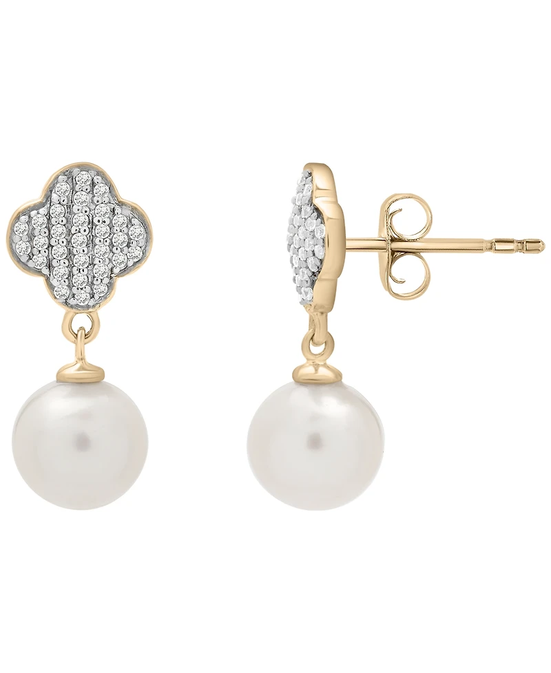 Macy's Cultured Freshwater Pearl (7mm) and Diamond (1/10 ct. t.w.) Clover Earrings in 14k Yellow Gold Over Sterling Silver