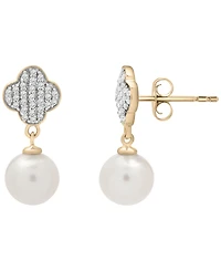 Macy's Cultured Freshwater Pearl (7mm) and Diamond (1/10 ct. t.w.) Clover Earrings in 14k Yellow Gold Over Sterling Silver