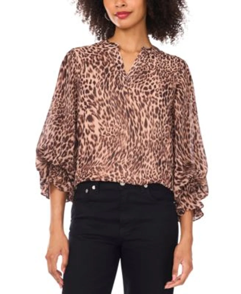 Vince Camuto Womens Animal Print Long Sleeve V Neck Blouse Xxs 3x