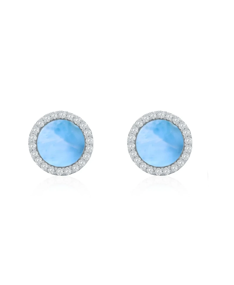 Caribbean Treasures Sterling Silver, Round Larimar, Cz Halo Studs