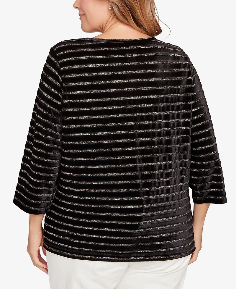 Hearts Of Palm Plus Long Sleeve Metallic Stripe Blouson Top