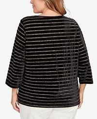 Hearts Of Palm Plus Long Sleeve Metallic Stripe Blouson Top