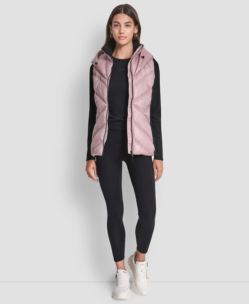 Dkny Women's Contrast Collar Hooded Puffer Vest