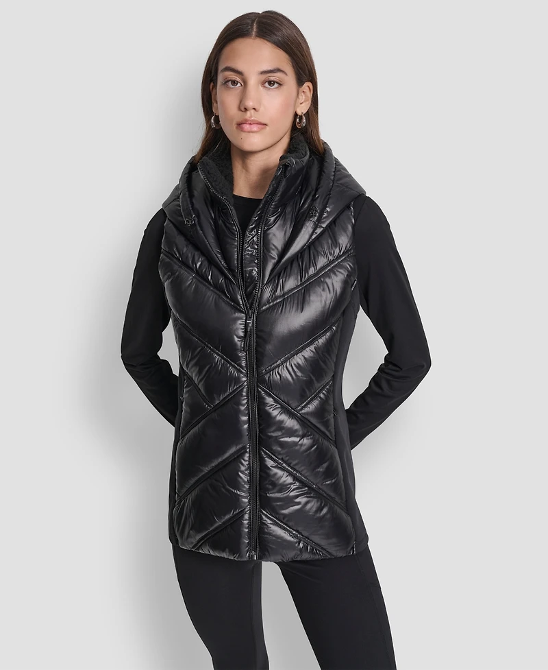 Dkny Women's Contrast Collar Hooded Puffer Vest