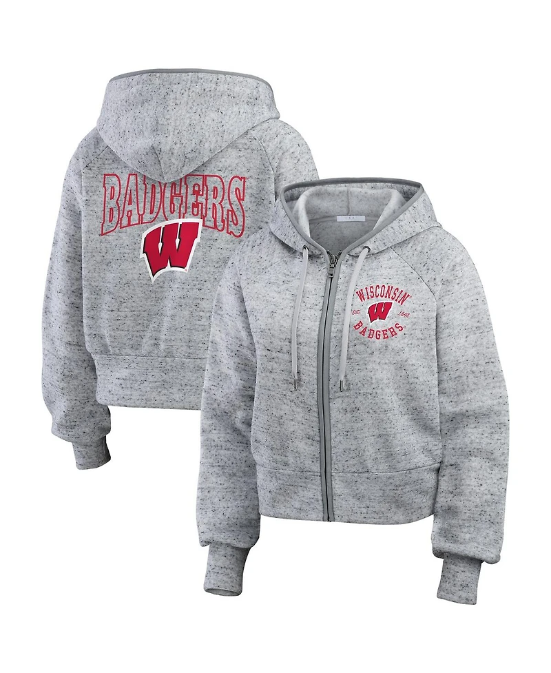 Wear by Erin Andrews Women'sHeather Gray Wisconsin Badgers Speckle Double-Hit Raglan Full-Zip Hoodie