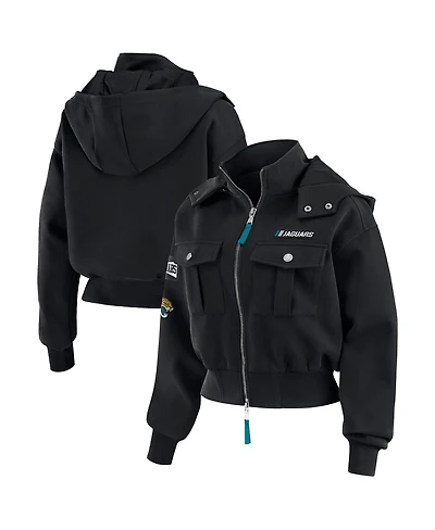 Wear by Erin Andrews Women's Black Jacksonville Jaguars Patch Pocket Cropped Full-Zip Bomber Jacket