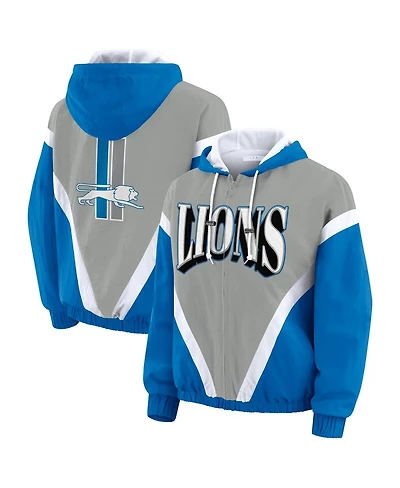 Wear by Erin Andrews Women's Blue/Silver Detroit Lions Retro Crinkle Full-Zip Hoodie Windbreaker Jacket