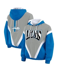 Wear by Erin Andrews Women's Blue/Silver Detroit Lions Retro Crinkle Full-Zip Hoodie Windbreaker Jacket