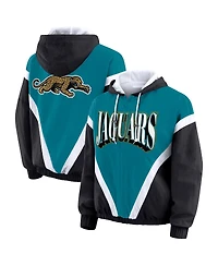 Wear by Erin Andrews Women's Teal/Black Jacksonville Jaguars Retro Crinkle Full-Zip Hoodie Windbreaker Jacket